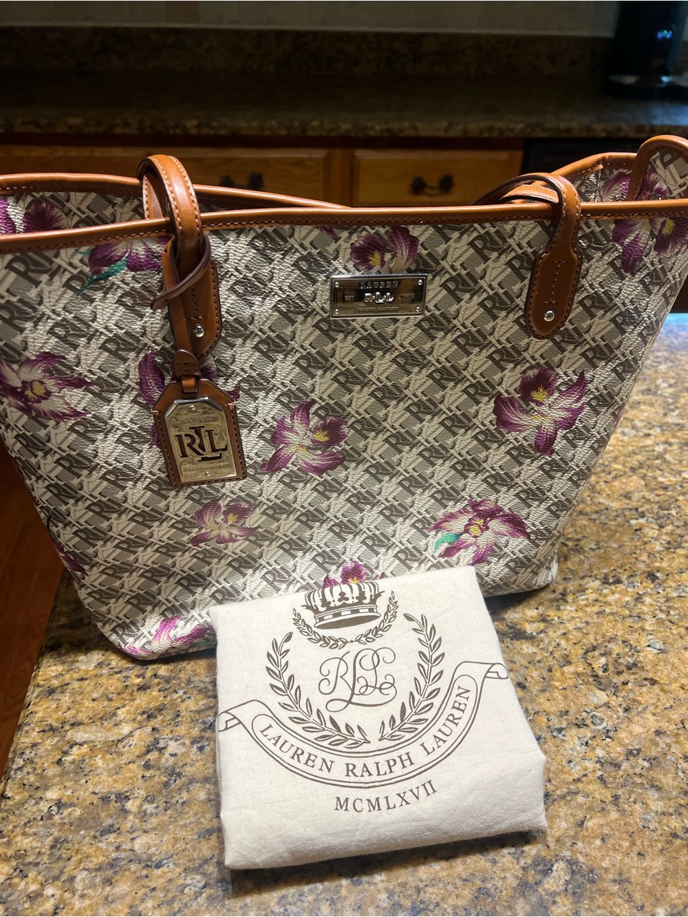 Lauren Ralph Lauren Beige Monogram Tote with Pink Floral Accents